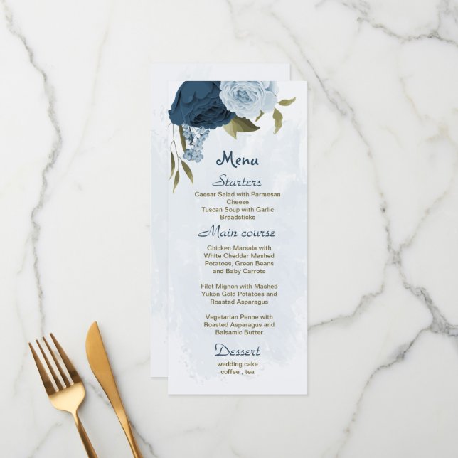 light blue navy blue flowers botanical wedding menu (Front/Back In Situ)