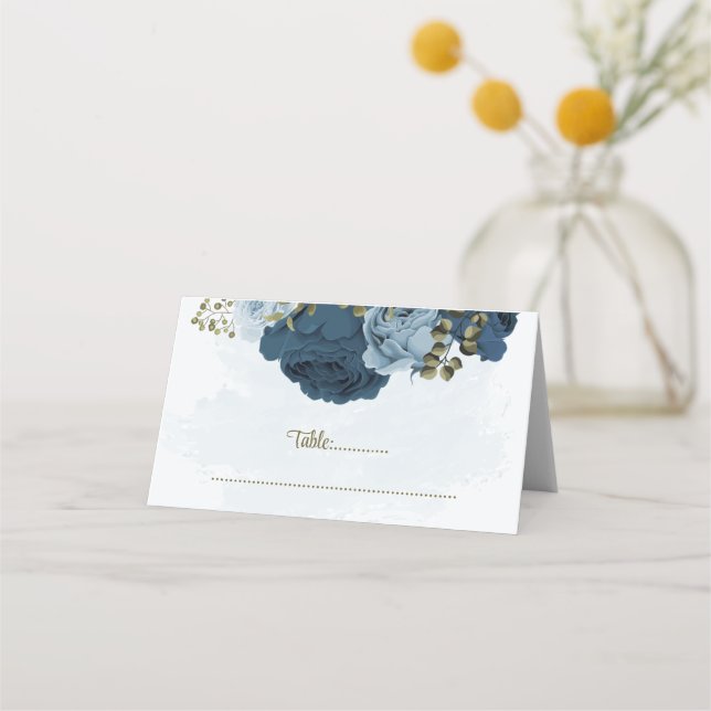 light blue navy blue flowers botanical wedding place card (Front)