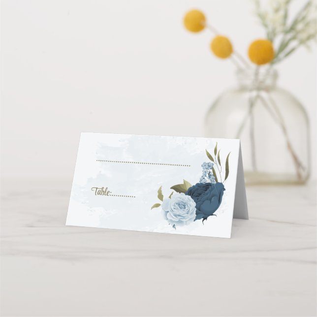 light blue navy blue flowers botanical wedding place card (Front)