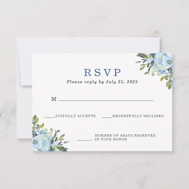 Light Blue Navy Floral Watercolor Wedding RSVP (Front)
