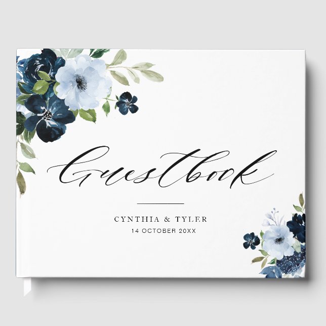 light blue navy floral wedding guestbook (Front)