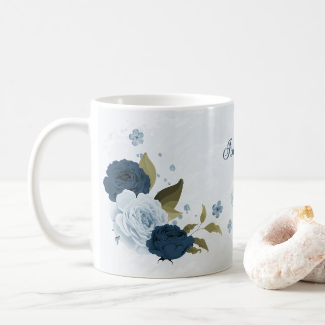 light blue navy flowers  coffee mug (With Donut)