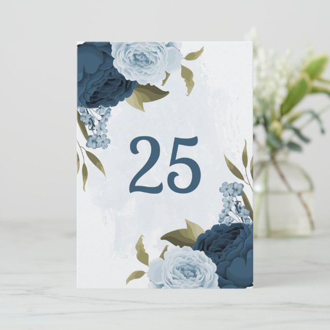 light blue navy flowers table number card (Standing Front)