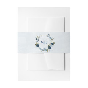 light blue navy flowers wedding invitation belly band