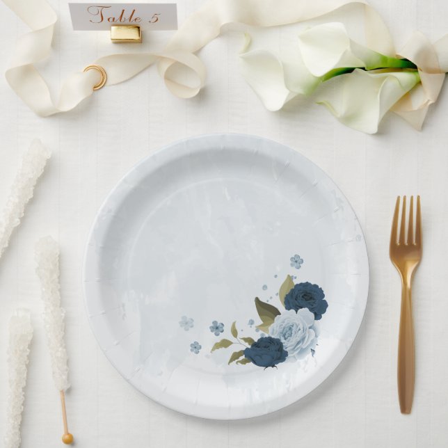 light blue navy flowers wedding paper plate (Wedding)