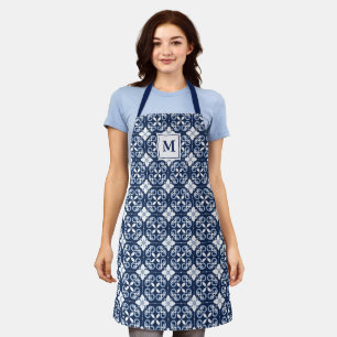 Light Blue & Navy Moroccan Floral Pattern Monogram Apron