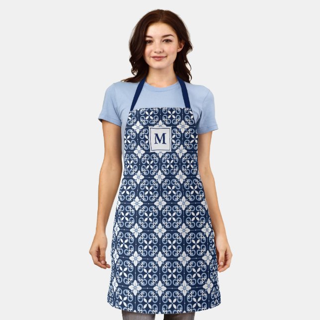 Light Blue & Navy Moroccan Floral Pattern Monogram Apron (Worn)