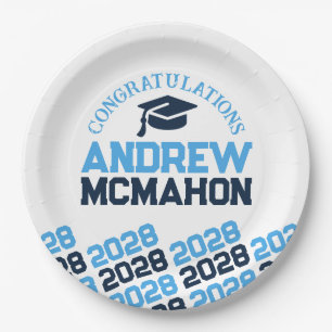 Light Blue & Navy on White Half Repeat Graduation Paper Plate