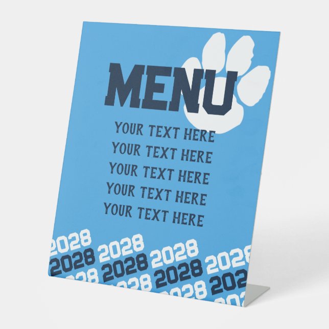 Light Blue & Navy Pawprint Graduation Menu Party Pedestal Sign (Front)