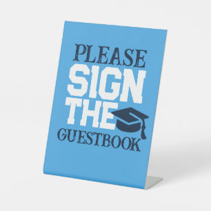 Light Blue, Navy & White Guestbook Graduation Pedestal Sign