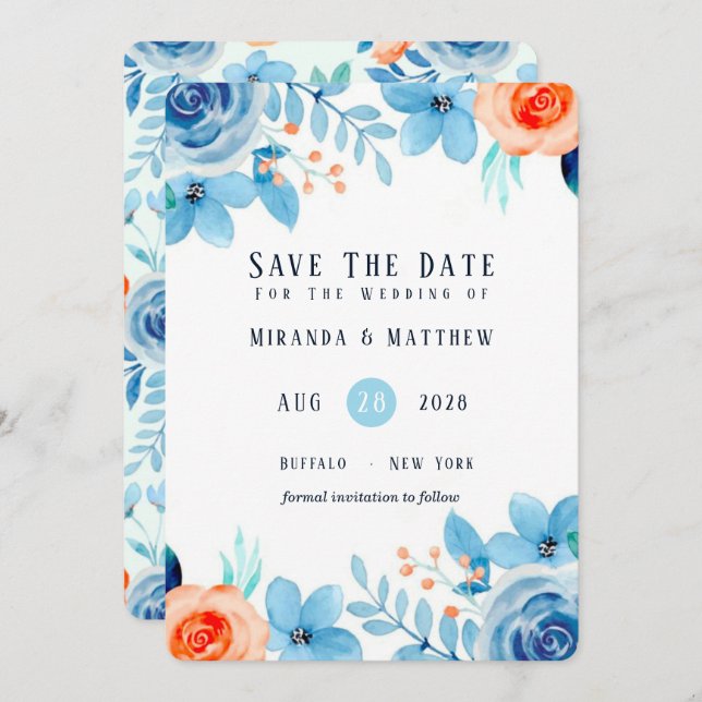 Light Blue Orange Paint Peony Save The Date Cards (Front/Back)