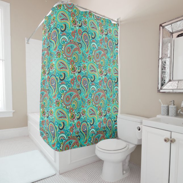 Light Blue Orange Yellow Paisley Pattern Shower Curtain (In Situ)