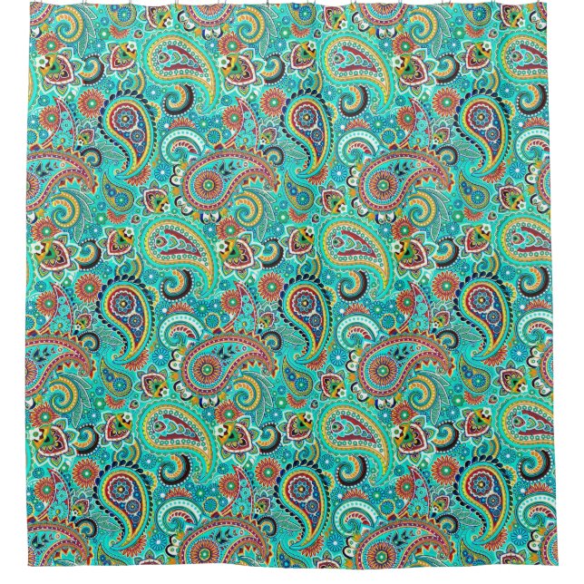 Light Blue Orange Yellow Paisley Pattern Shower Curtain (Front)