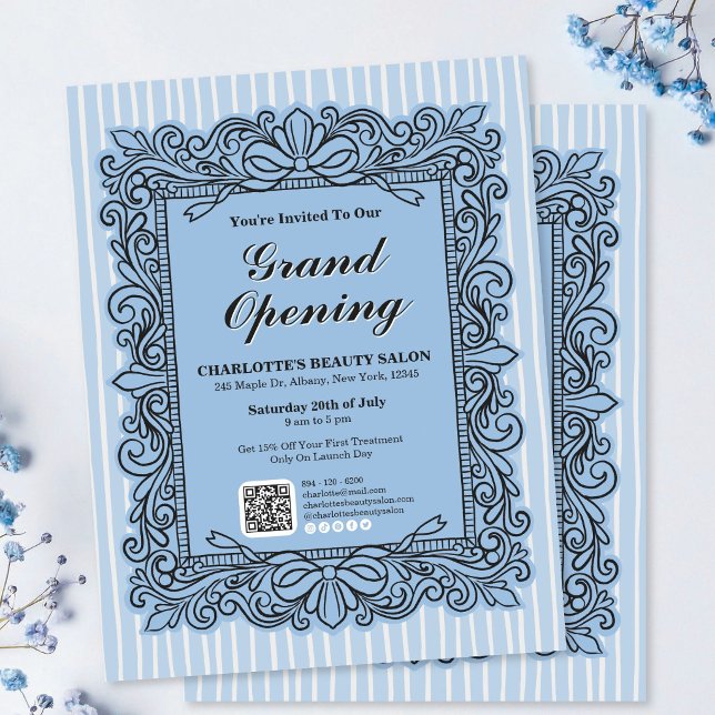 Light Blue Ornate Bow Frame Grand Opening Flyer (Light Blue Ornate Bow Frame Grand Opening Flyer)