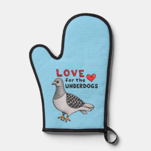 Light blue oven mitt with city pigeon