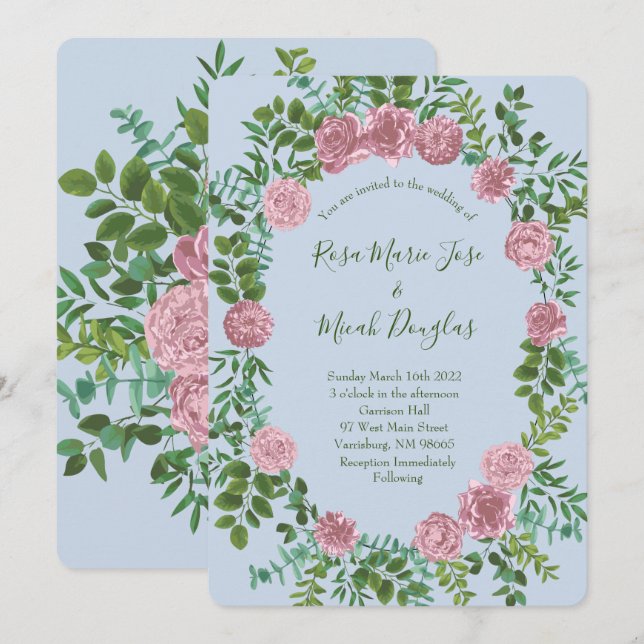 Light Blue & Pale Pink Peony Rose Floral Wedding Invitation (Front/Back)