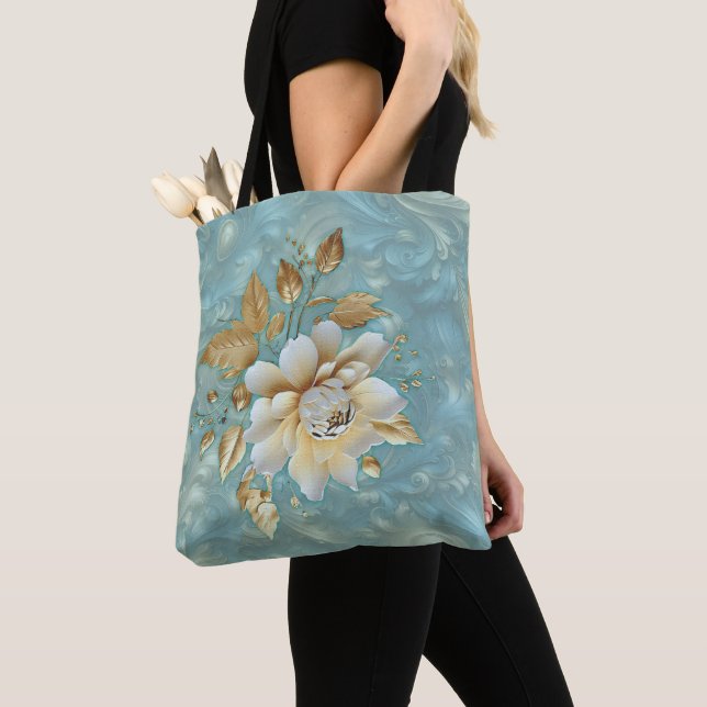 Light Blue-Palette on a Bronze Gold Barogue design Tote Bag (Close Up)