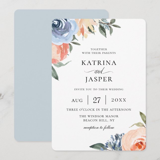 Light Blue Peach Botanical Wedding Invitation (Front/Back)