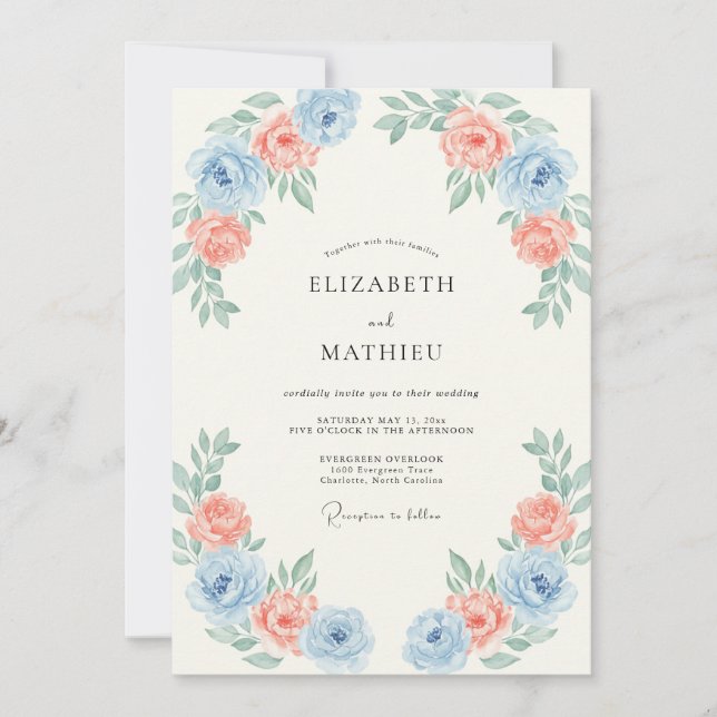 Light Blue Peach Romantic Spring Wedding Invitation (Front)