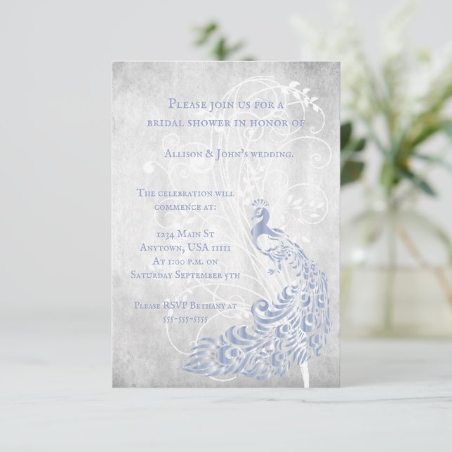 Light Blue Peacock Leaf Vine Bridal Shower Invite (Standing Front)