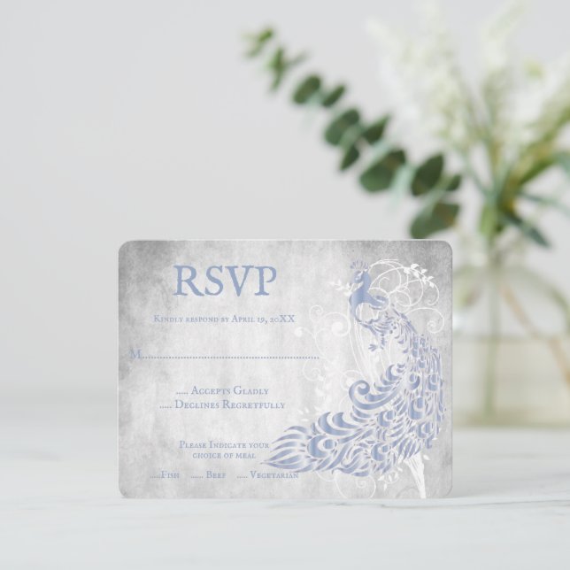 Light Blue Peacock Leaf Vine Wedding RSVP Card (Standing Front)