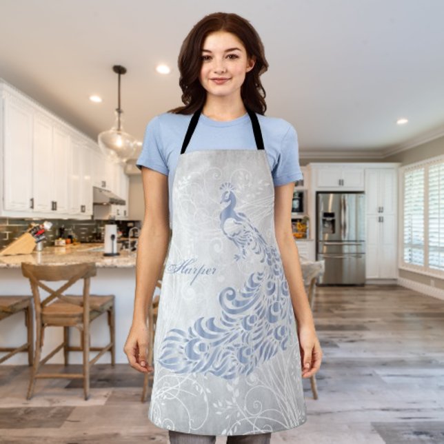 Light Blue Peacock Personalise Print Apron (Light Blue Peacock Personalized Apron)