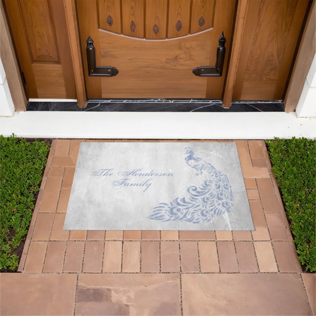 Light Blue Peacock Personalised Door Mat (Outdoor)