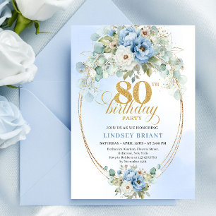 Light Blue Peony Flowers Gold Frame 80th Birthday Invitation