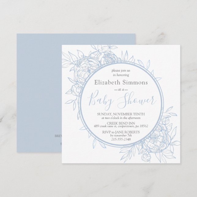 Light Blue Peony Modern Floral Toile Baby Shower Invitation (Front/Back)