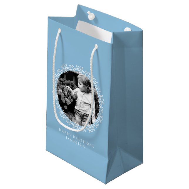 Light Blue Personalised Fancy Swirls Photo Frame Small Gift Bag (Front Angled)