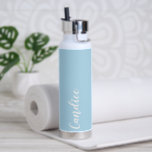 Light Blue Personalised Wedding Bridesmaid Water Bottle<br><div class="desc">Gift your wedding bridesmaid or maid of honour with this trendy, vacuum Insulated water bottle that features her name in white, stylised script on a light blue colour background designed to match your wedding colour scheme. Personalise bottle by editing and replacing name with your own as desired. Select your water...</div>