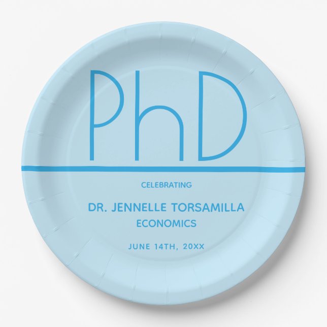 Light Blue PhD degree Graduation Party Paper Plate (Front)