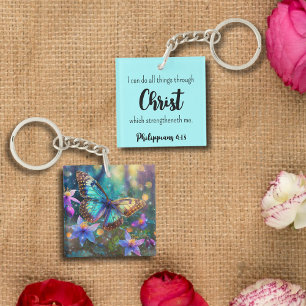 Light Blue Philippians 4:13 Scripture Butterfly Key Ring