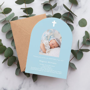Light blue photo arch boy Baptism Invitation
