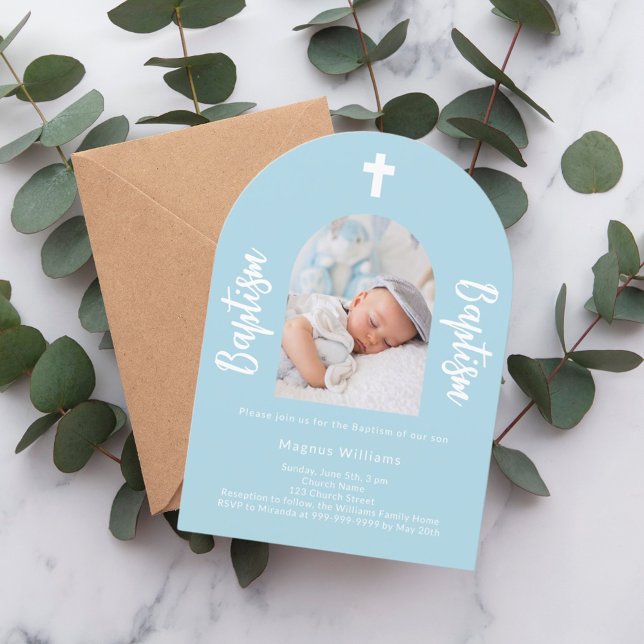 Light blue photo arch script boy Baptism Invitation (Creator Uploaded)