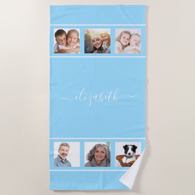 Light blue photo collage monogram script beach towel (Front)