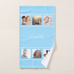 Light blue photo collage monogram script hand towel