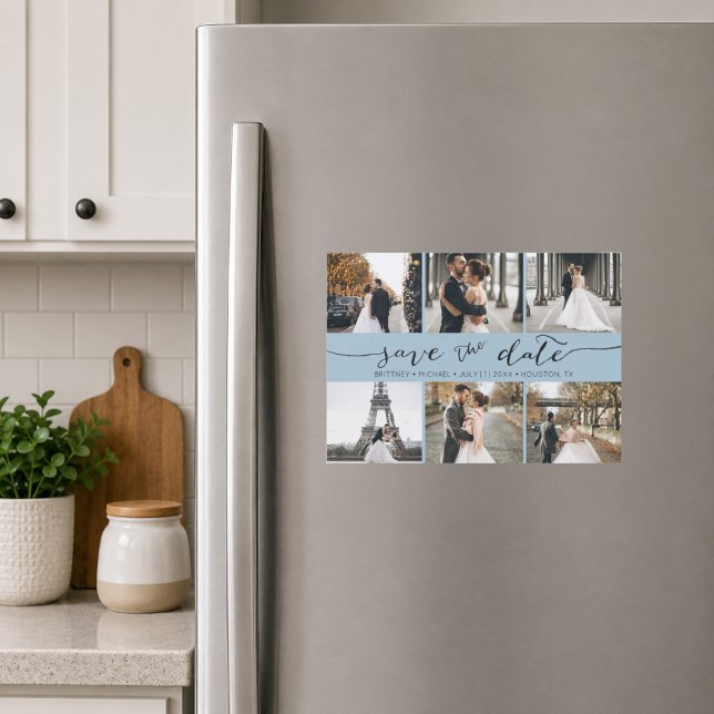 Light Blue Photo Collage Save the Date (Soft light blue six photo save the date magnet featuring elegant handwritten script typography)