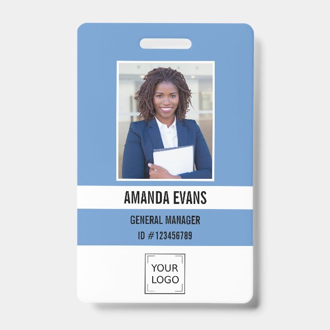Light Blue Photo Employee Logo or QR CODE Security ID Badge (Front)