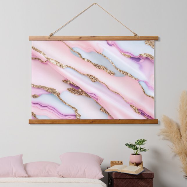 Light Blue Pink Agate Marble Modern Collection Hanging Tapestry (Bedroom)