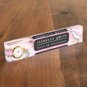 Light Blue Pink Agate Marble Modern Collection Nameplate