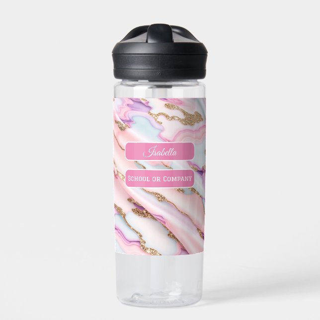 Light Blue Pink Agate Marble Modern Collection Water Bottle (Front)