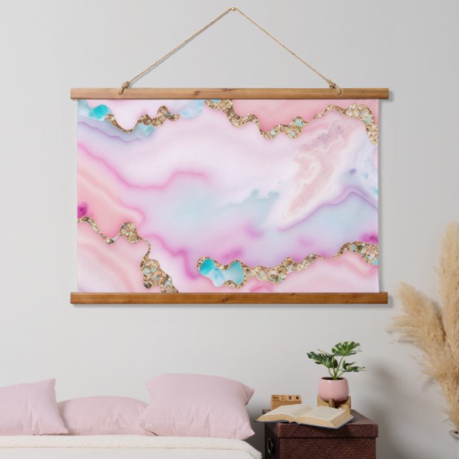 Light Blue Pink Agate Marble Popular Collection Hanging Tapestry (Bedroom)