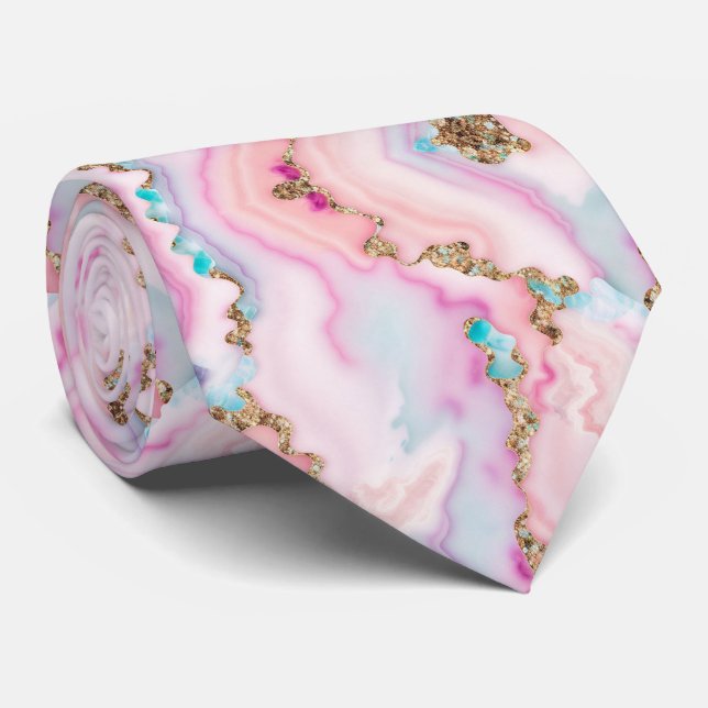 Light Blue Pink Agate Marble Popular Collection Tie (Rolled)