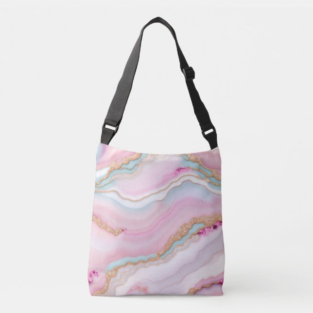 Light Blue Pink Agate Marble Trendy Collection Crossbody Bag (Front)