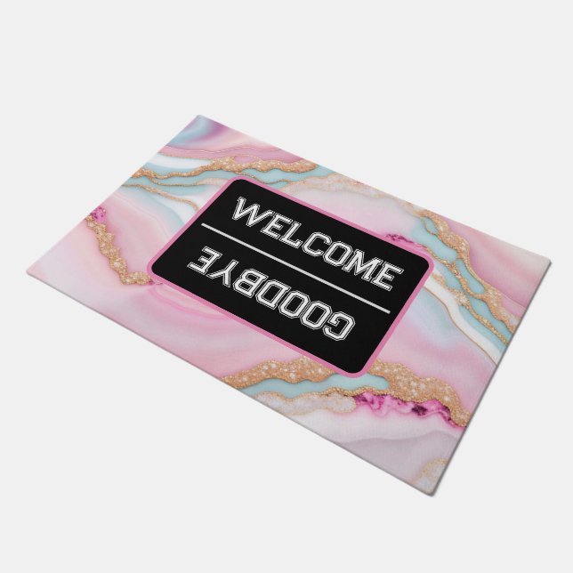 Light Blue Pink Agate Marble Trendy Collection Doormat (Angled)