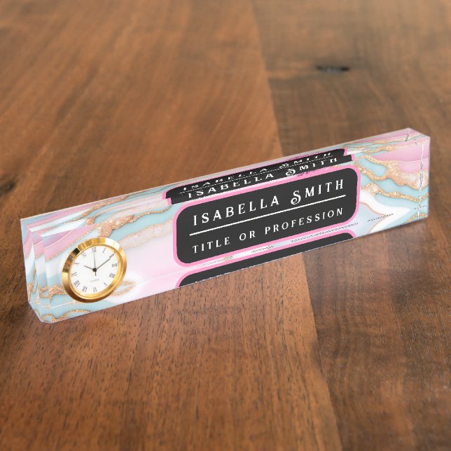 Light Blue Pink Agate Marble Trendy Collection Nameplate (Side)