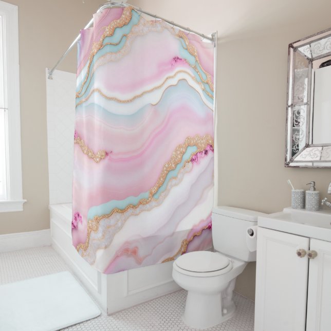 Light Blue Pink Agate Marble Trendy Collection Shower Curtain (In Situ)