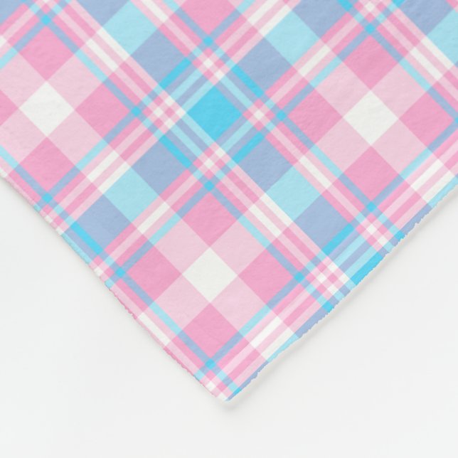 Light Blue, Pink and White Plaid Fleece Blanket (Corner)