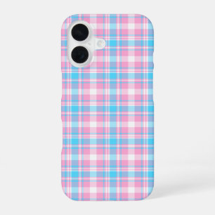 Light Blue, Pink, and White Plaid Pattern iPhone 16 Case